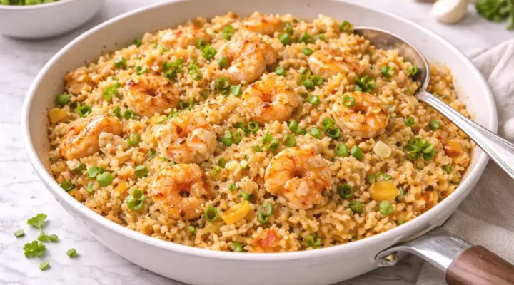 Bang Bang Fried Rice with shrimp cooked in a creamy spicy sauce and served hot in a skillet