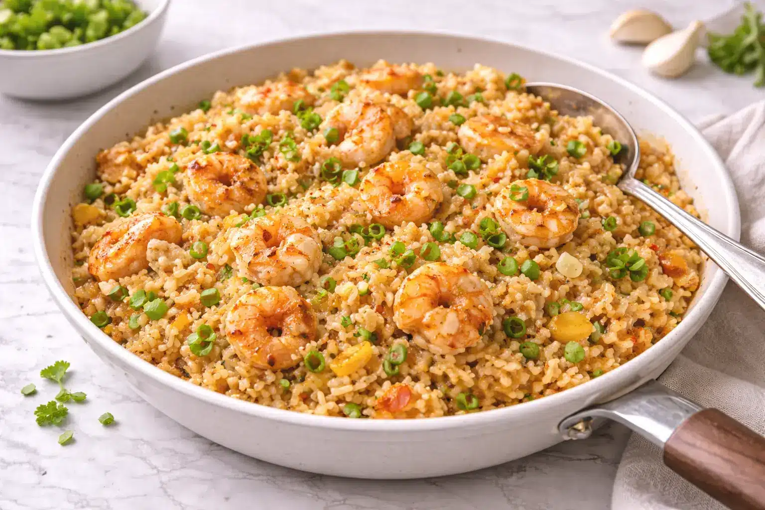 Bang Bang Fried Rice with shrimp cooked in a creamy spicy sauce and served hot in a skillet
