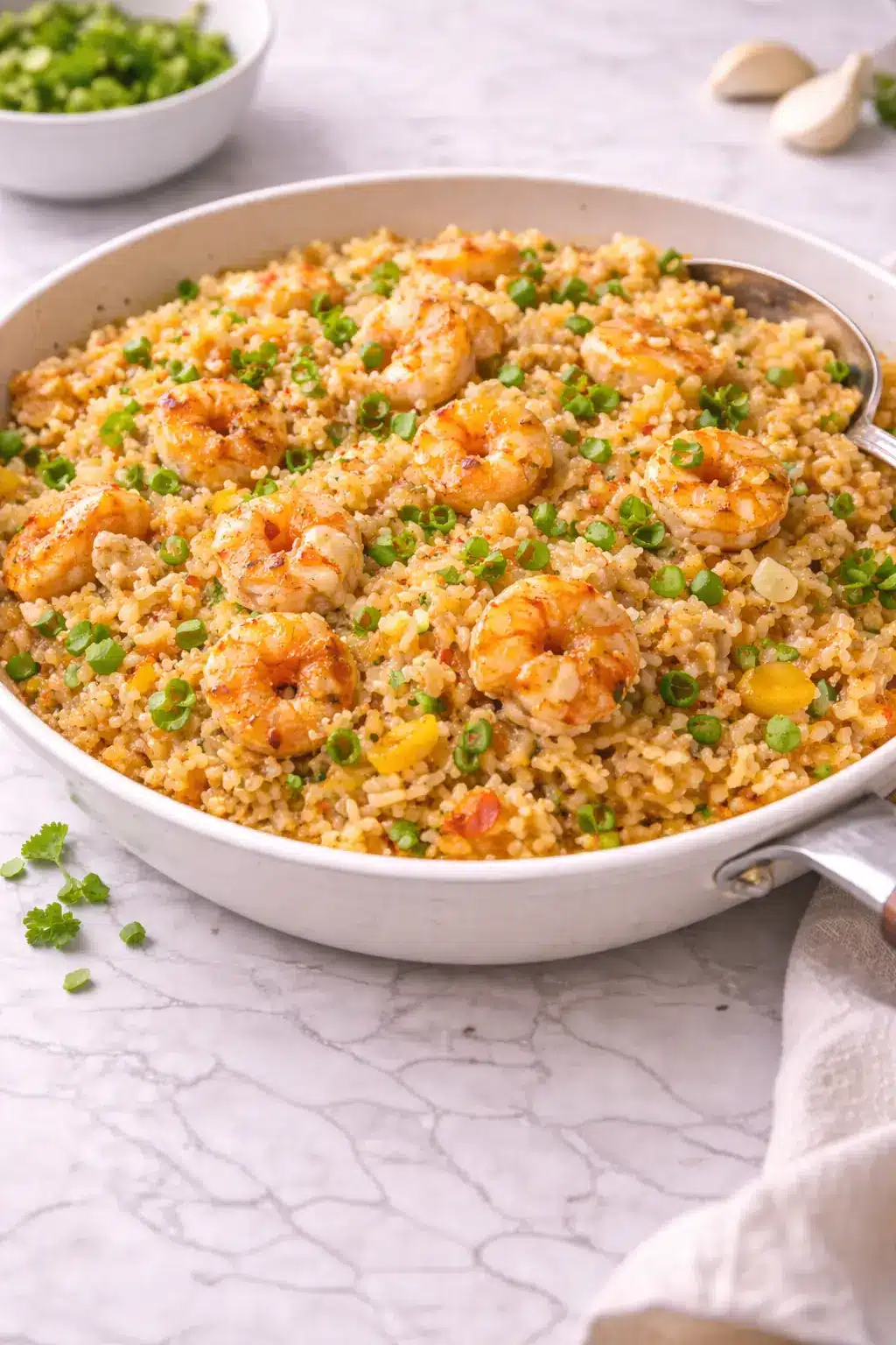 Bang Bang Fried Rice with shrimp tossed in a creamy spicy sauce and served hot in a skillet