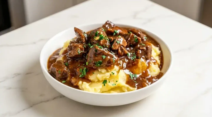 Delicious photorealistic Beef Tips and Gravy, naturally plated on white marble with subtle veining, lit by natural daylight.
