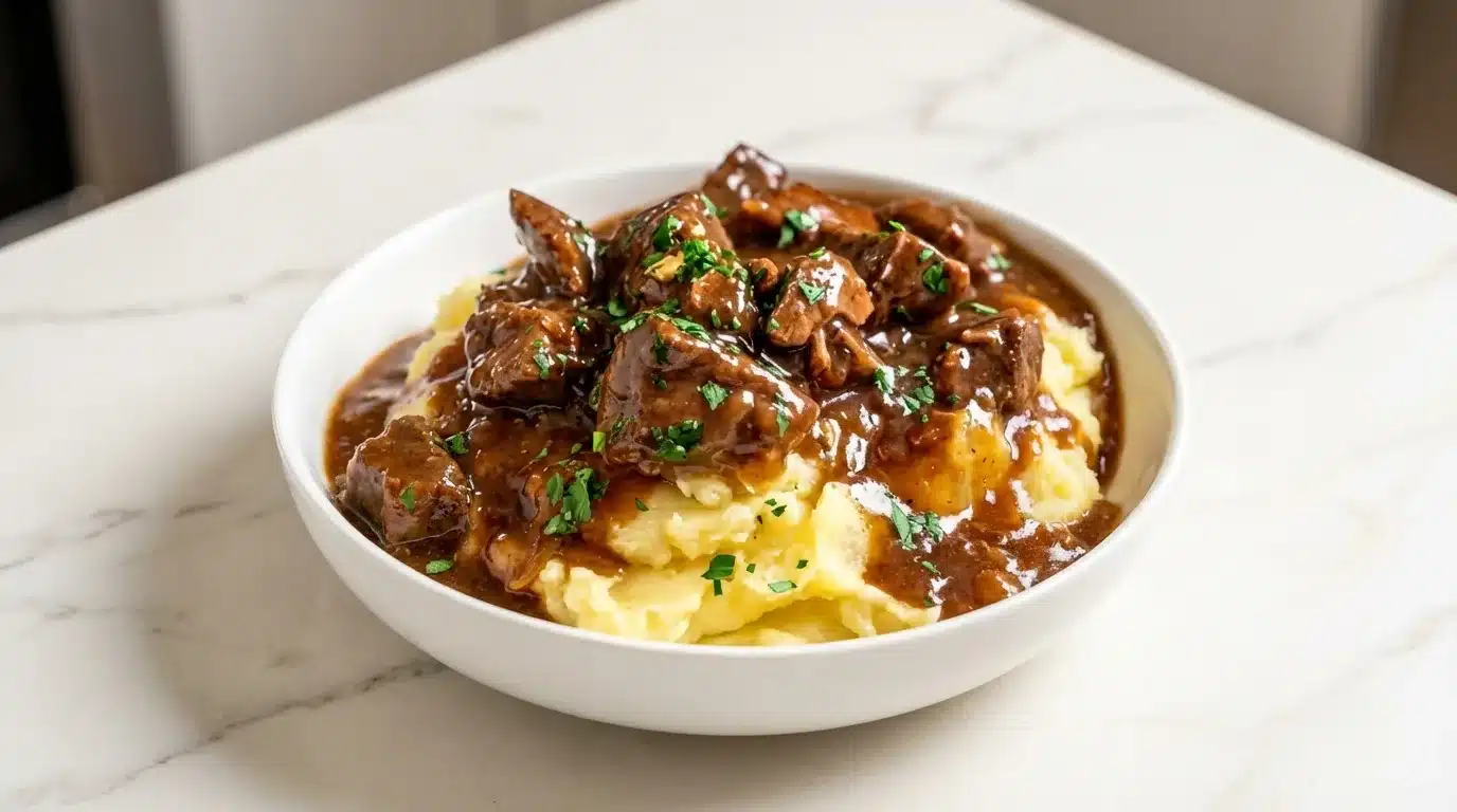 Delicious photorealistic Beef Tips and Gravy, naturally plated on white marble with subtle veining, lit by natural daylight.