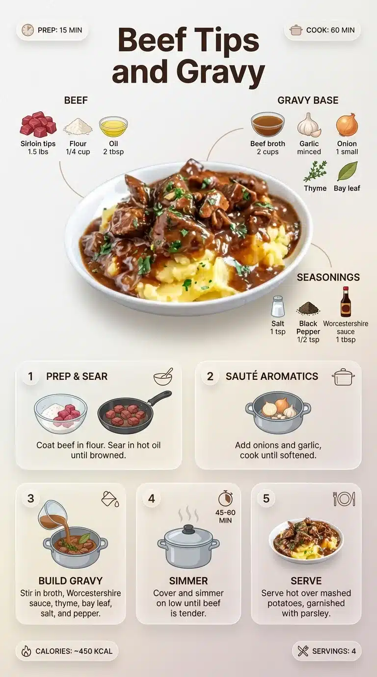 Modern infographic for Beef Tips and Gravy recipe, showcasing plated dish, key ingredients, and step-by-step cooking instructions.