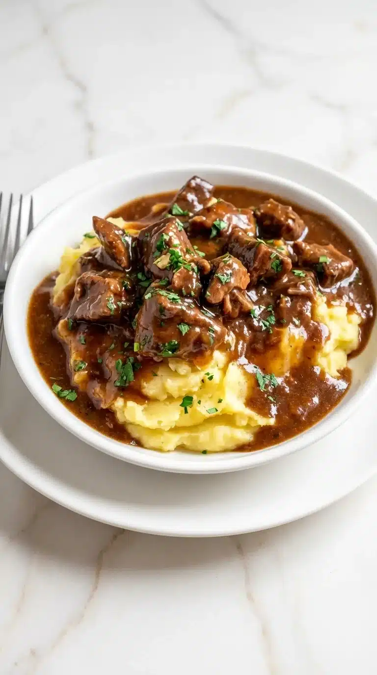 Photorealistic image of tender beef tips in rich gravy, perfectly plated on white marble, ready to serve.
