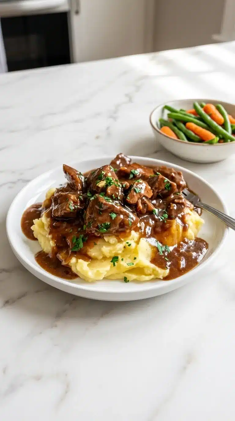 Beef Tips and Gravy serving in a home kitchen, photorealistic, warm lighting, ready to eat.