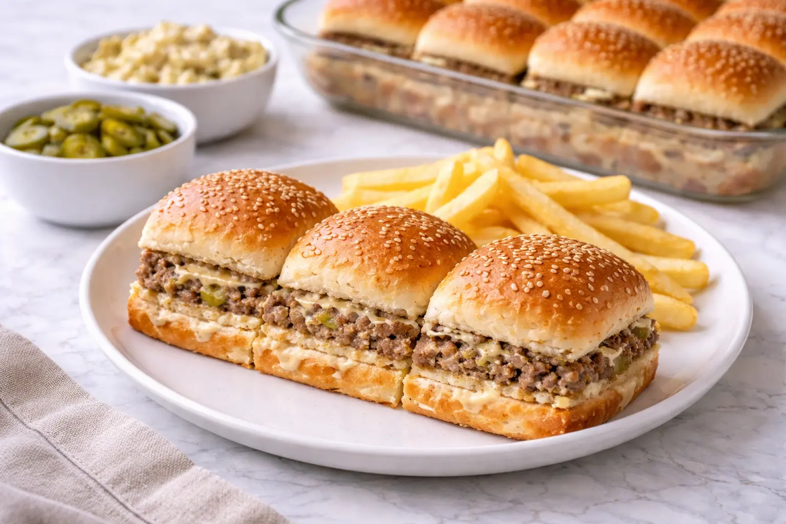 Big Mac Sliders Big Mac Sliders baked and sliced on a platter with melted cheese, ground beef, pickles, and soft slider buns