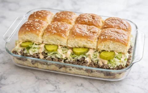 Homemade Big Mac Sliders layered with seasoned beef, melted cheese, shredded lettuce, pickles, and creamy sauce in a glass baking dish