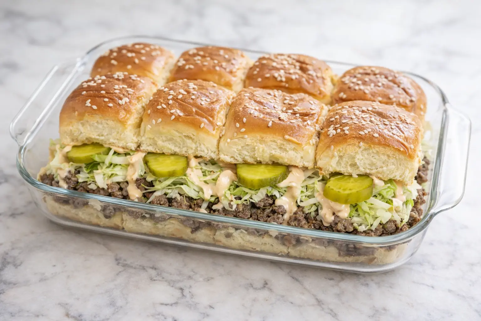 Homemade Big Mac Sliders layered with seasoned beef, melted cheese, shredded lettuce, pickles, and creamy sauce in a glass baking dish