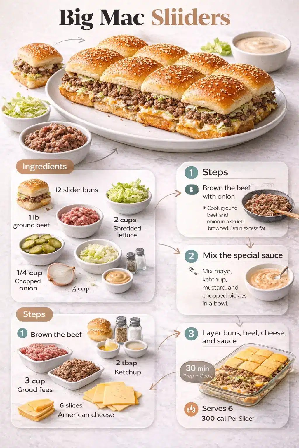 Big Mac sliders recipe infographic showing ingredients, cooking steps, and finished sliders