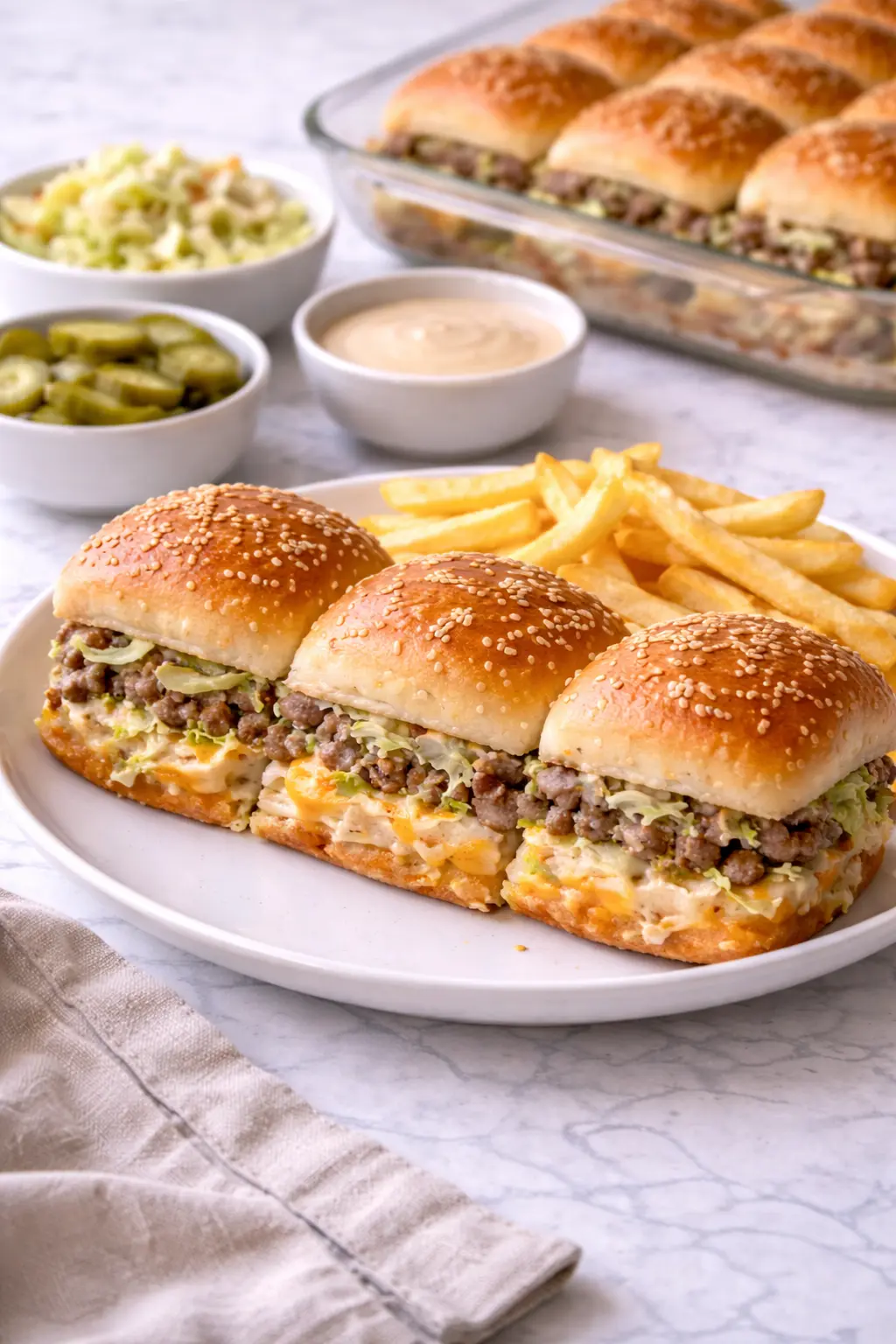 Big Mac sliders served as a meal with fries, pickles, and special sauce on the side