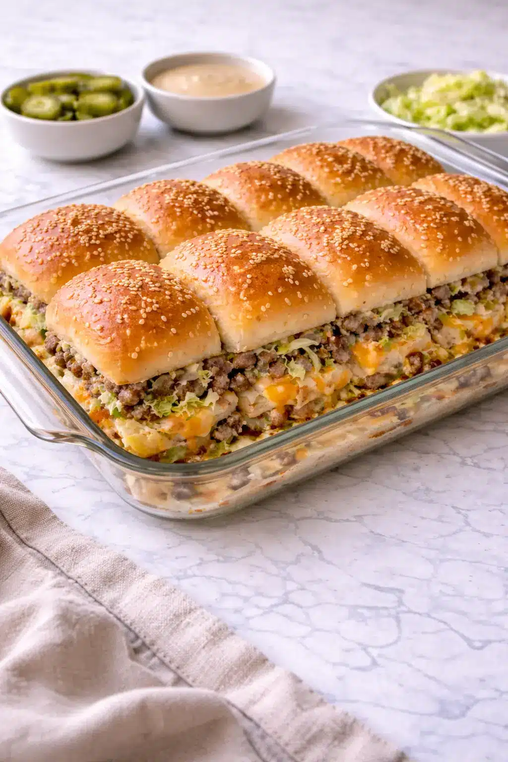 Big Mac sliders baked in a dish with ground beef, melted cheese, lettuce, and special sauce