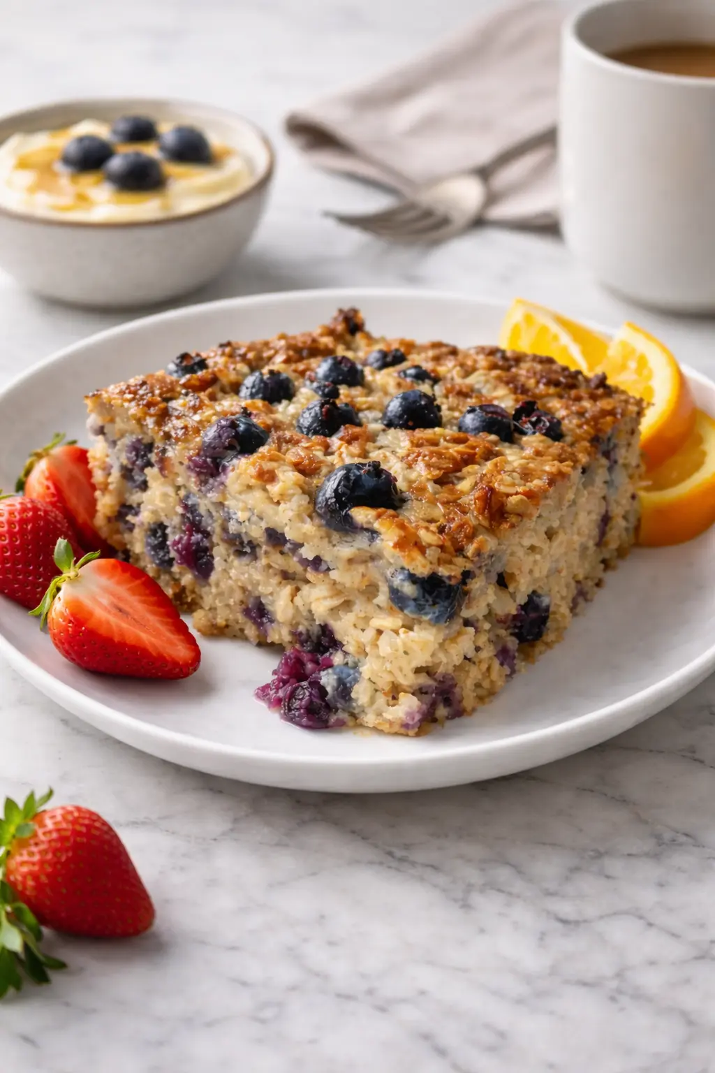 Blueberry baked oatmeal slice served on a plate with strawberries, orange slices, yogurt, and coffee on a marble table