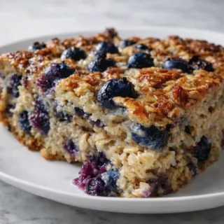 Blueberry Baked Oatmeal Slice of blueberry baked oatmeal with juicy blueberries and golden toasted top on a white plate