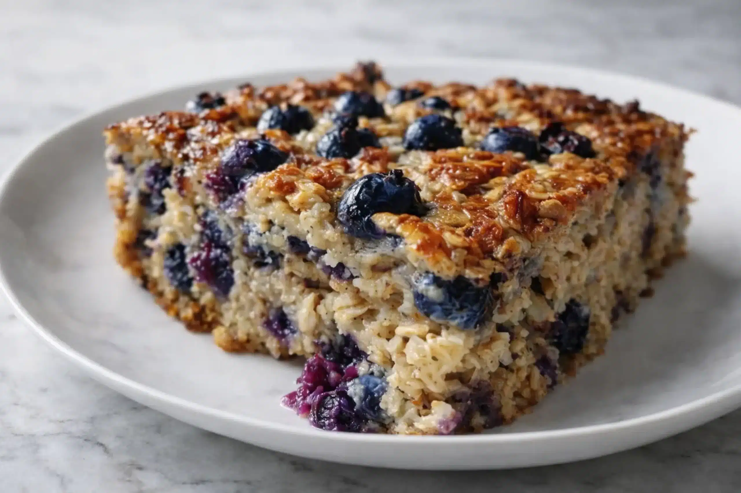 Slice of blueberry baked oatmeal with juicy blueberries and golden toasted top on a white plate