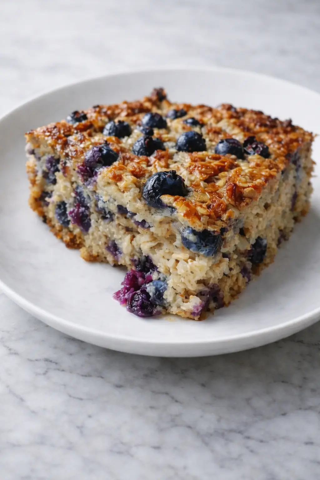 Slice of blueberry baked oatmeal with juicy blueberries and golden toasted top on a white plate