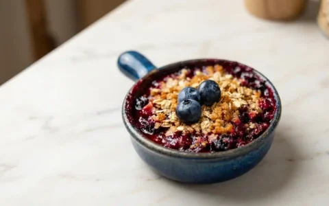 Blueberry Rustic Crumble Recipe With Oats, freshly baked and ready to serve on a white marble surface.