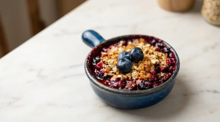 Blueberry Rustic Crumble Recipe With Oats, freshly baked and ready to serve on a white marble surface.