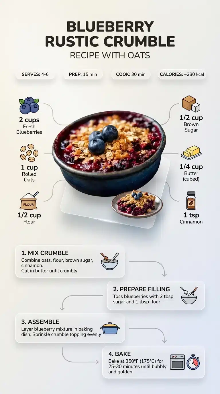 Blueberry Rustic Crumble Recipe With Oats Modern infographic for Blueberry Rustic Crumble Recipe With Oats. Visualizes finished dish, ingredients, and easy step-by-step preparation.