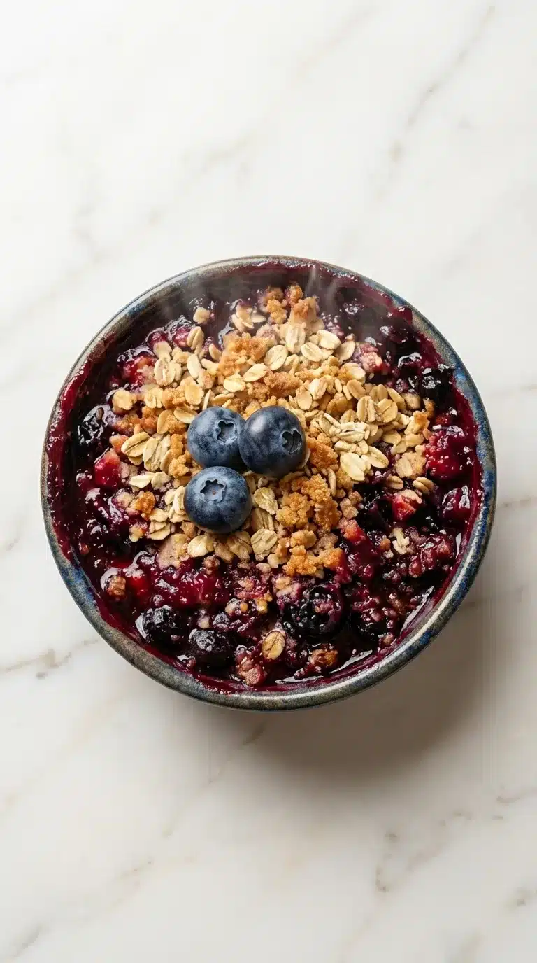 Blueberry Rustic Crumble Recipe With Oats Photorealistic Blueberry Rustic Crumble with Oats, freshly cooked and ready to serve on white marble. 9:16 vertical shot.