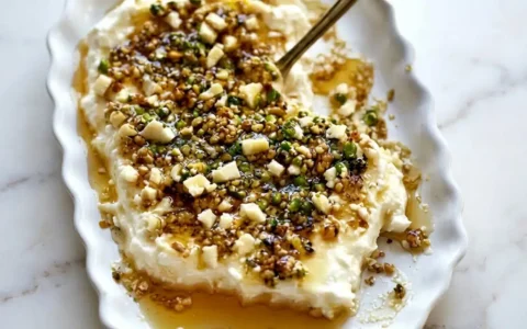 Photorealistic Boursin Cheese Appetizer with Pistachios and Honey, naturally plated on white marble, ready to serve.