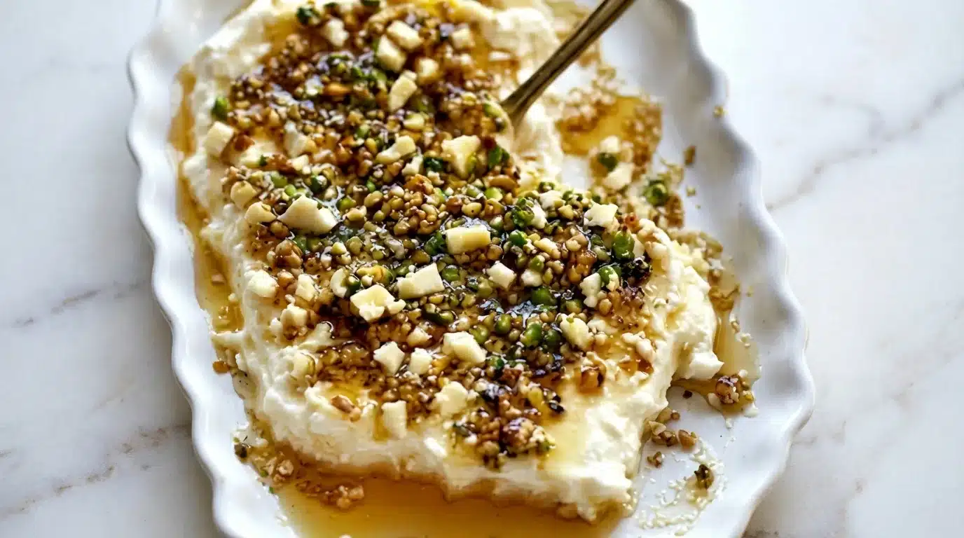 Photorealistic Boursin Cheese Appetizer with Pistachios and Honey, naturally plated on white marble, ready to serve.