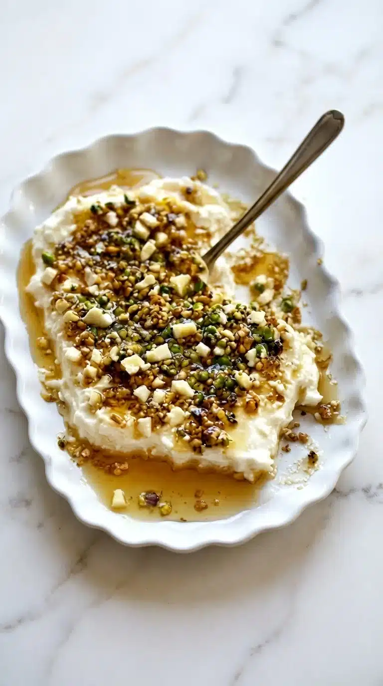 Boursin Cheese Appetizer with Pistachios and Honey, beautifully plated on white marble. A perfect pin for your food board.