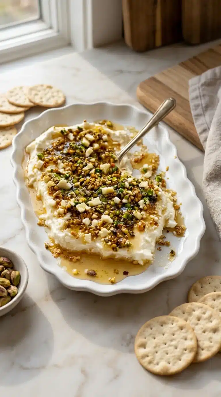 Boursin Cheese Appetizer with Pistachios and Honey, served on white marble with natural light, ready for an everyday meal.