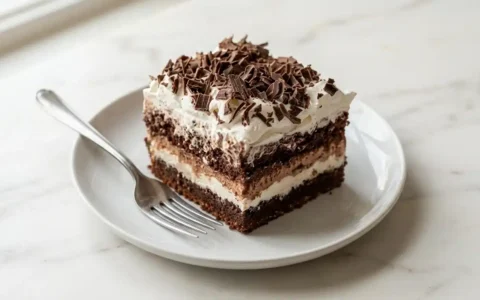 Photorealistic Brownie Refrigerator Cake on white marble, finished and ready to serve. A cool, no-bake chocolate dessert.