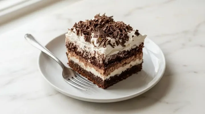 Photorealistic Brownie Refrigerator Cake on white marble, finished and ready to serve. A cool, no-bake chocolate dessert.