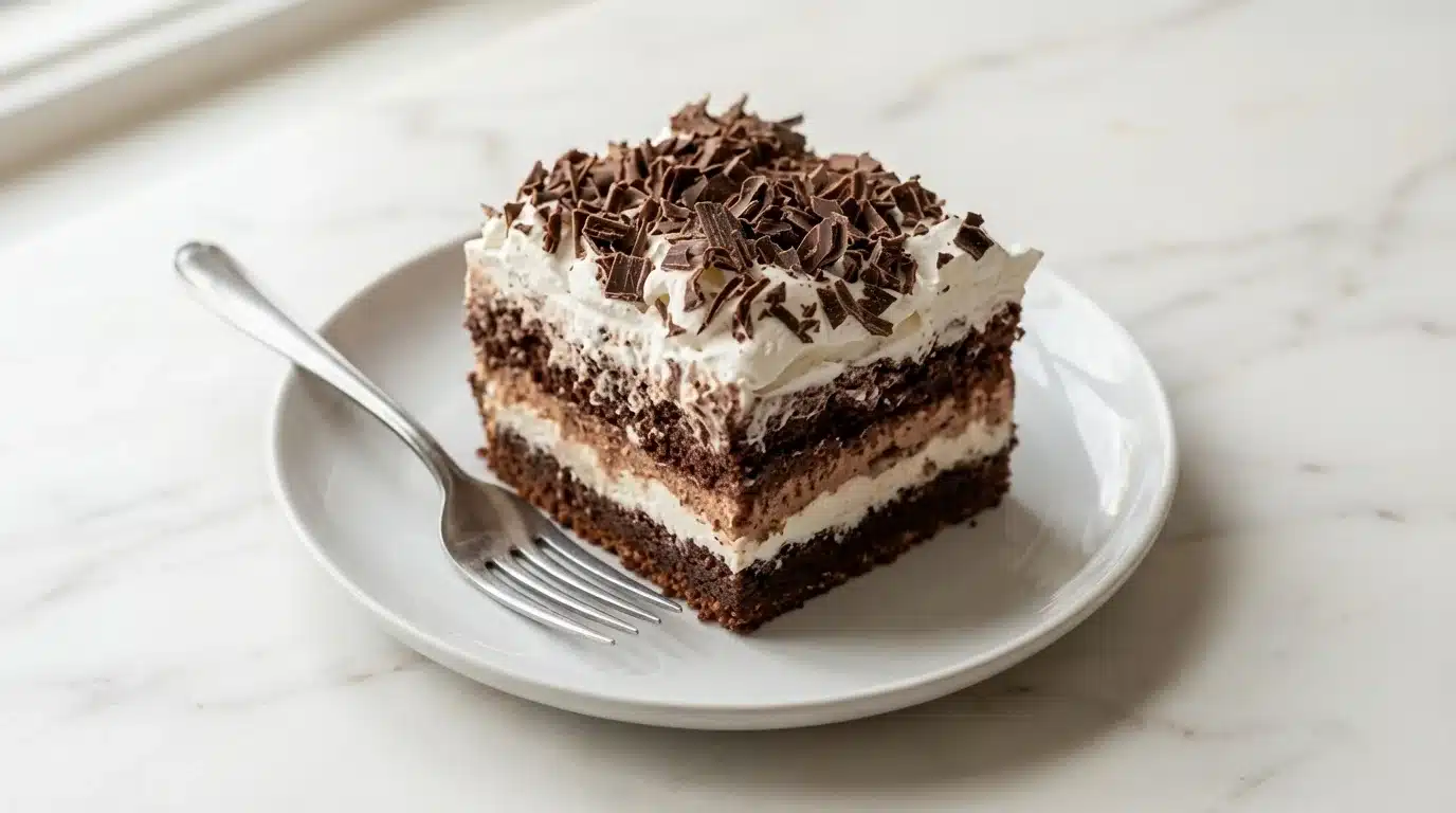 Photorealistic Brownie Refrigerator Cake on white marble, finished and ready to serve. A cool, no-bake chocolate dessert.