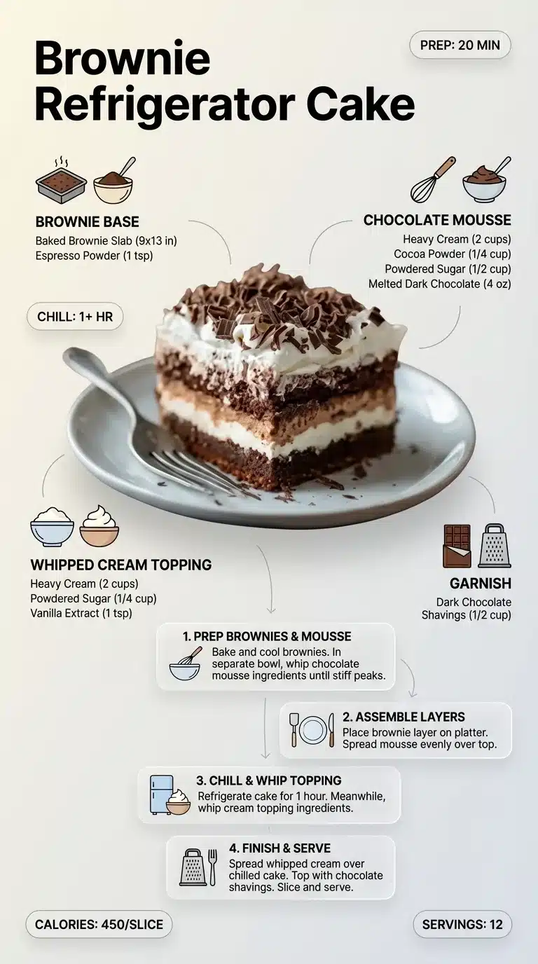 Infographic for Brownie Refrigerator Cake, showing finished cookies, ingredients with quantities, and step-by-step preparation.