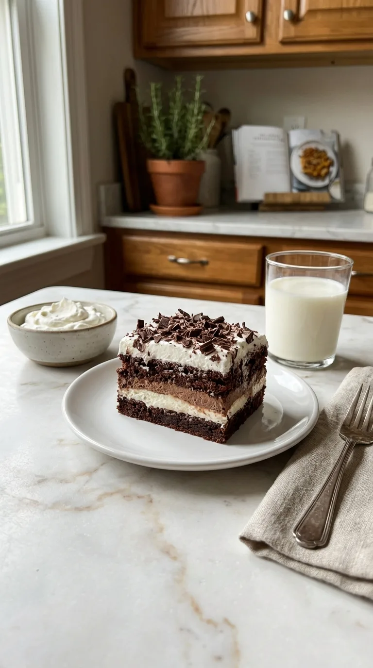 Photorealistic Brownie Refrigerator Cake serving on white marble, ready to eat. Vertical 9x16 shot with natural light.