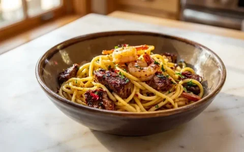 Calabrian Steak and Shrimp Bucatini Recipe, freshly cooked and ready to serve on white marble, with natural daylight.