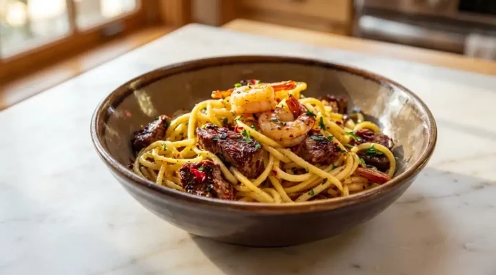 Calabrian Steak and Shrimp Bucatini Recipe, freshly cooked and ready to serve on white marble, with natural daylight.