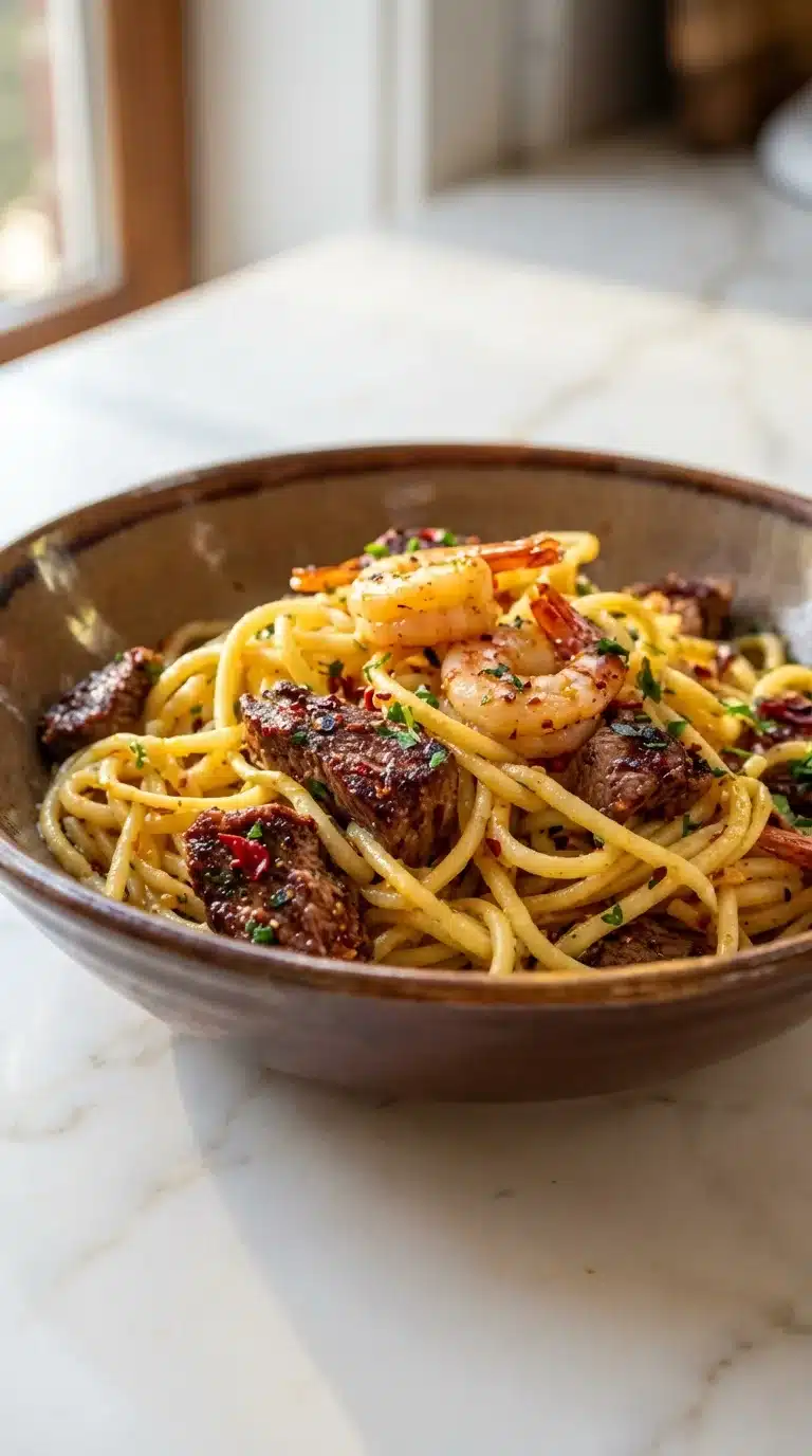 Photorealistic Calabrian Steak and Shrimp Bucatini Recipe, freshly cooked, naturally plated on white marble with natural daylight.