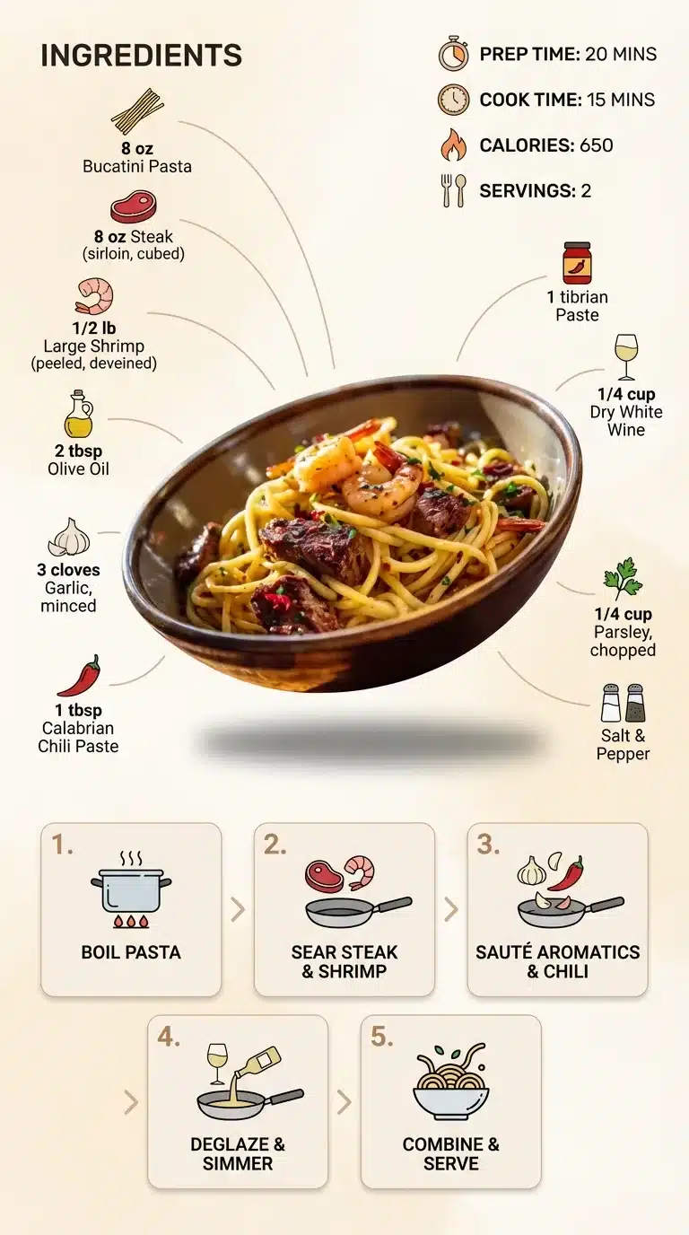 Infographic for Calabrian Steak And Shrimp Bucatini Recipe, showing plated dish, ingredients with icons, and numbered preparation steps.