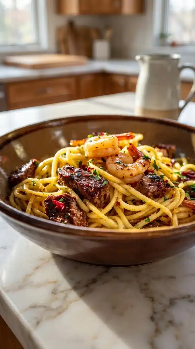 Calabrian Steak and Shrimp Bucatini Recipe, photorealistic serving, 9x16 vertical, fresh, ready to eat in a home kitchen setting.