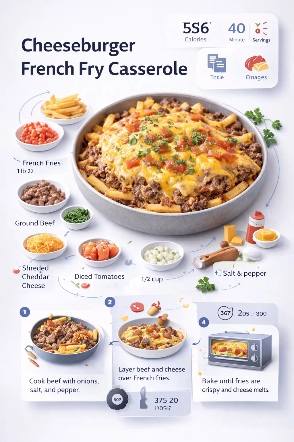 Cheeseburger French Fry Casserole infographic with ingredients and step-by-step cooking visuals