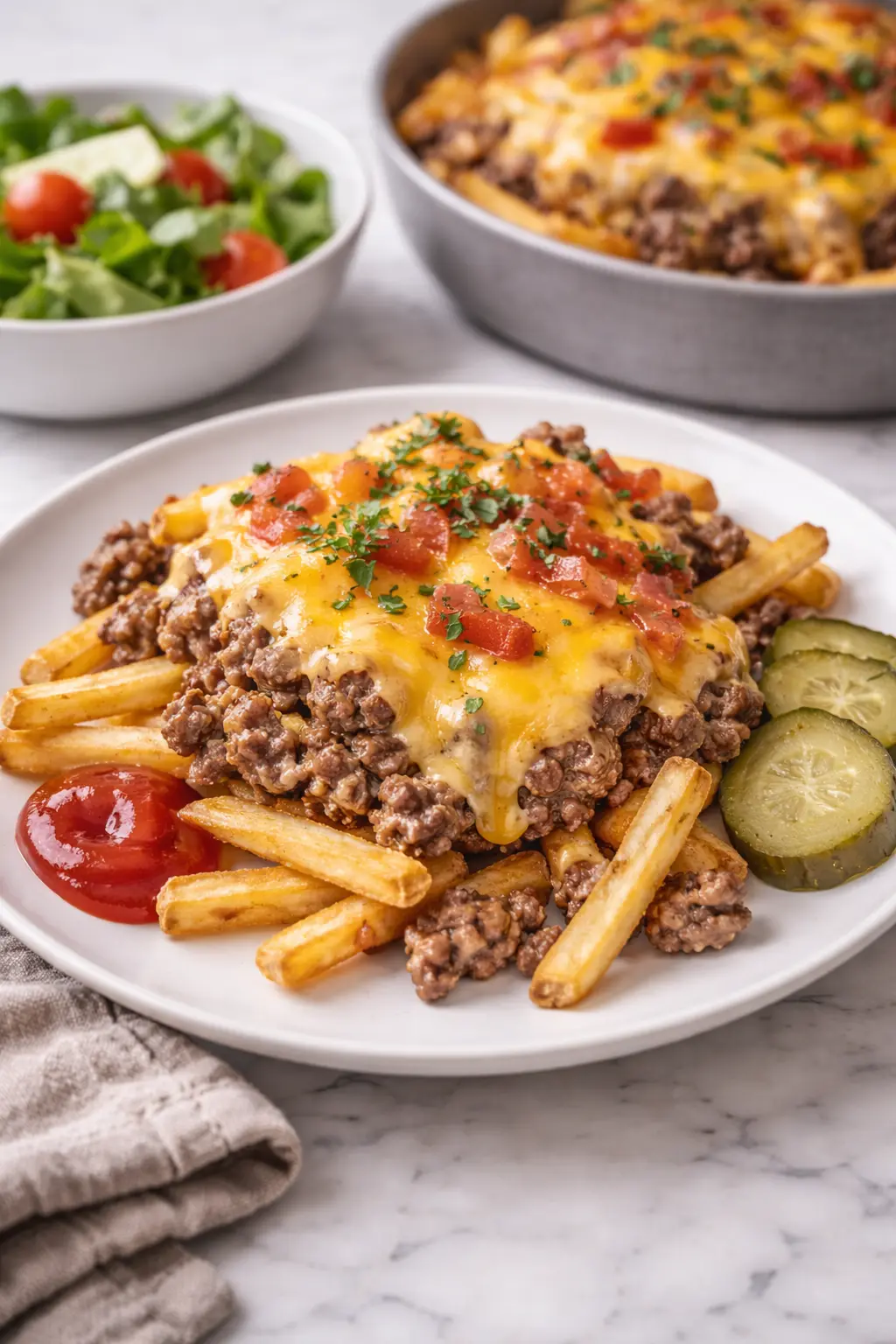 Cheeseburger French Fry Casserole served on a plate with crispy fries, seasoned ground beef, melted cheddar cheese, pickles, and ketchup