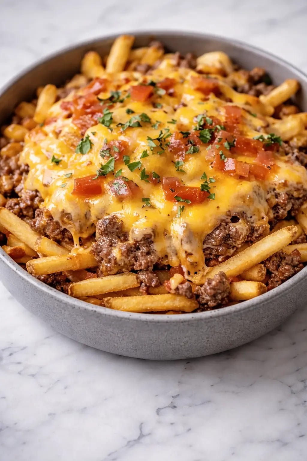 Cheeseburger French Fry Casserole with crispy fries, seasoned ground beef, and melted cheddar cheese baked in a casserole dish
