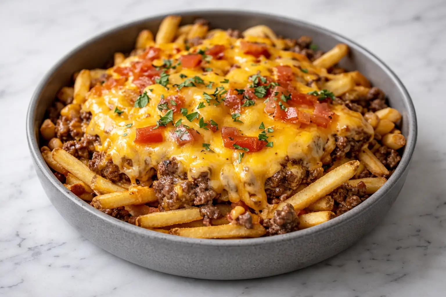Cheeseburger French Fry Casserole with seasoned ground beef, crispy fries, and melted cheddar cheese baked in a casserole dish
