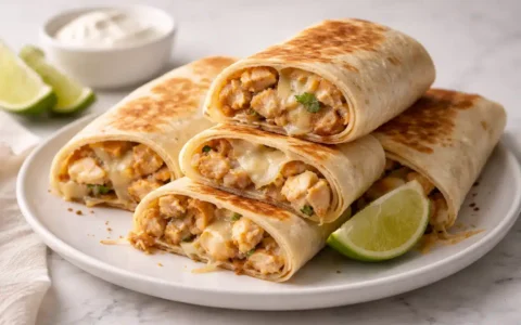 Cheesy garlic chicken wraps sliced and ready to serve on a white plate