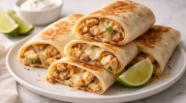 Cheesy garlic chicken wraps sliced and ready to serve on a white plate