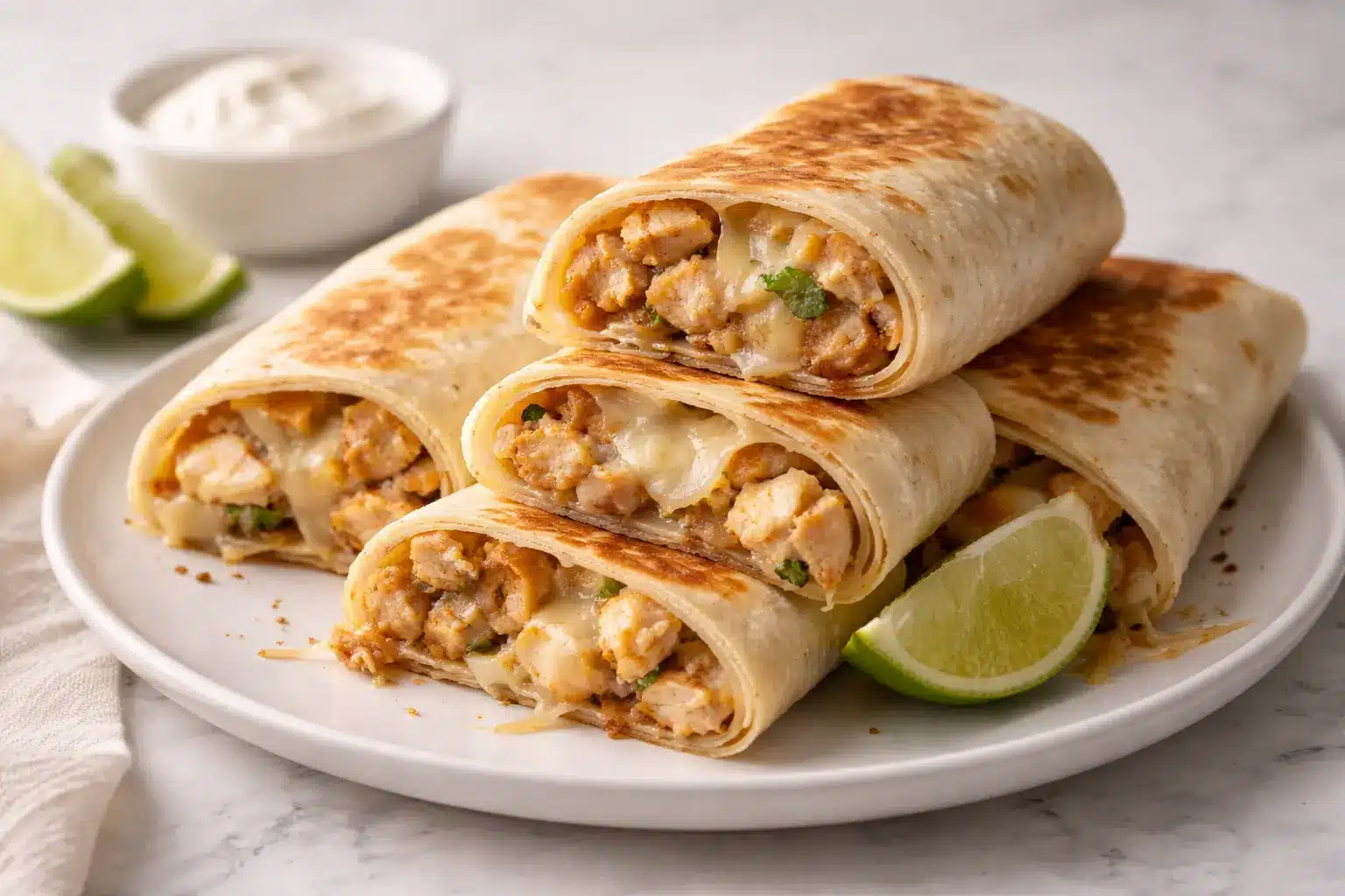 Cheesy Garlic Chicken Wraps Cheesy garlic chicken wraps sliced and ready to serve on a white plate