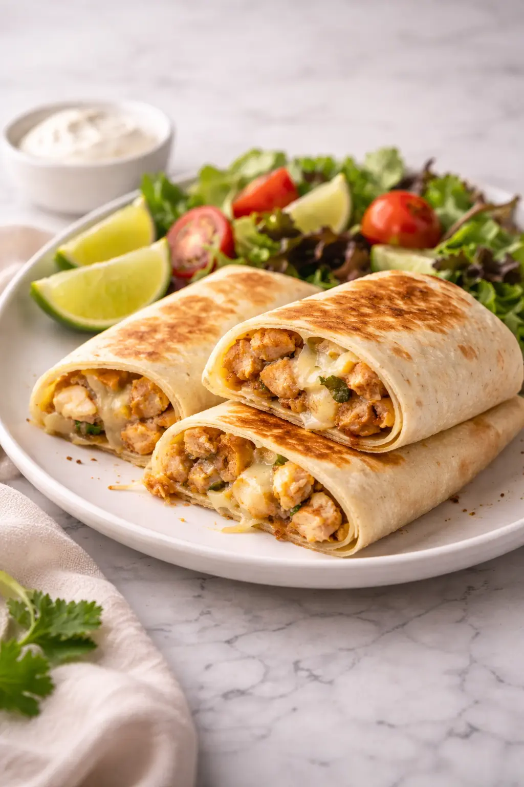Cheesy Garlic Chicken Wraps Cheesy garlic chicken wraps served with a simple side salad on a white plate