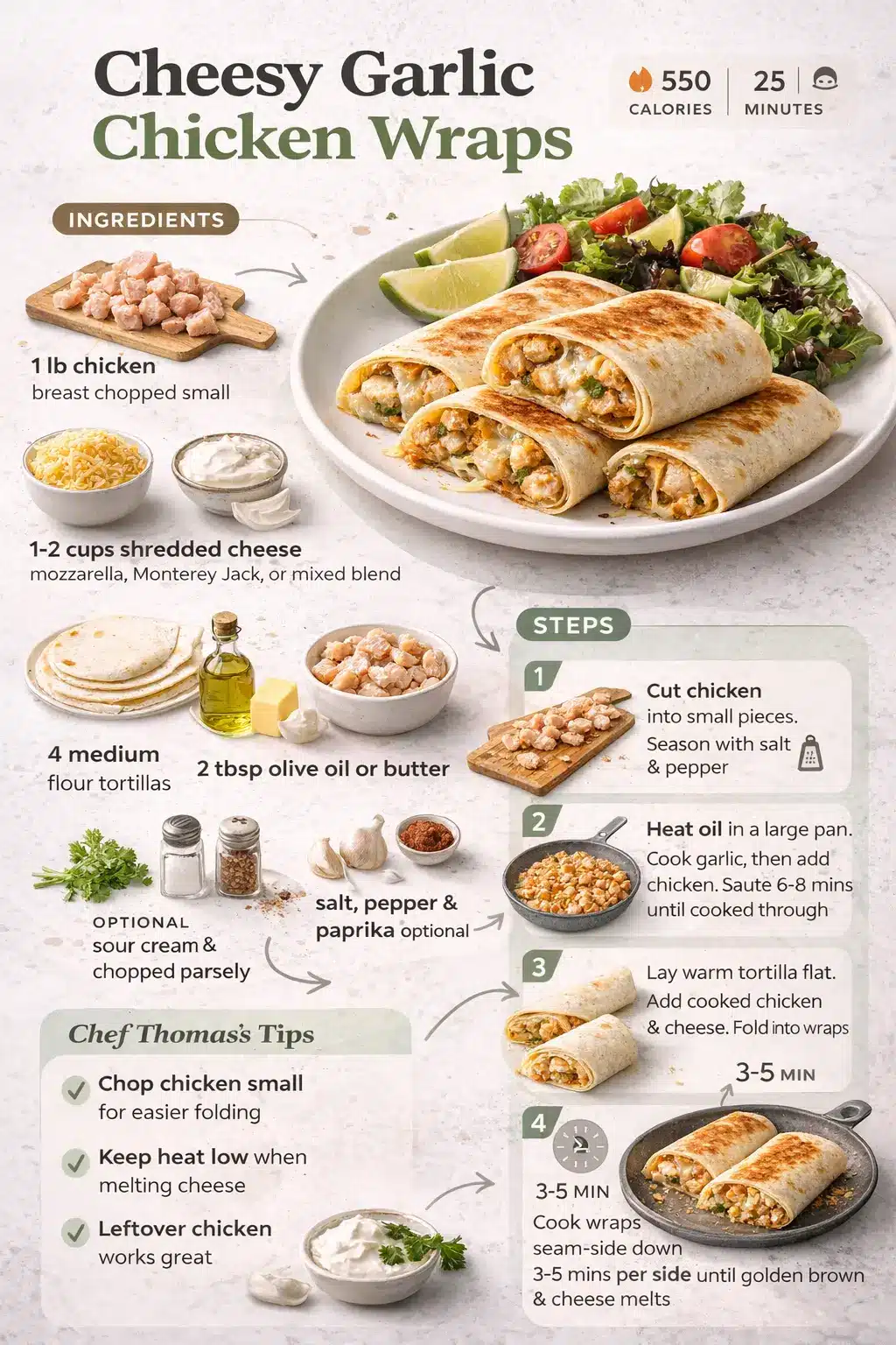 Cheesy Garlic Chicken Wraps Cheesy garlic chicken wraps recipe infographic showing ingredients and cooking steps