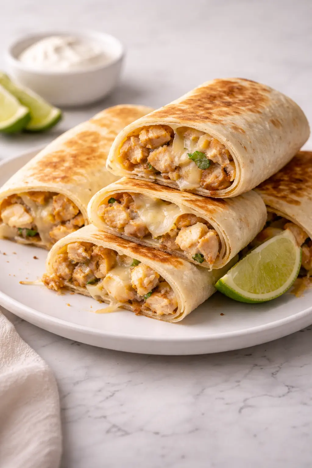 Cheesy Garlic Chicken Wraps Cheesy garlic chicken wraps stacked on a plate with melted cheese and tender chicken