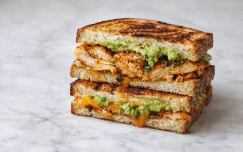 Chicken avocado melt sandwich with grilled chicken, melted cheddar, and mashed avocado on toasted bread