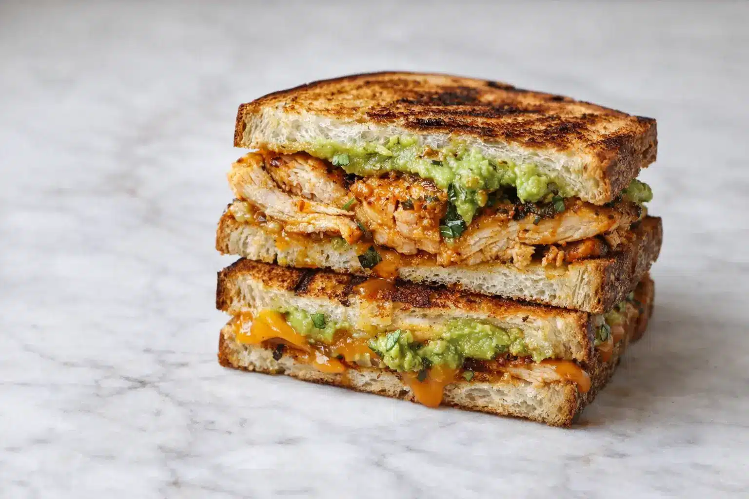 Chicken avocado melt sandwich with grilled chicken, melted cheddar, and mashed avocado on toasted bread