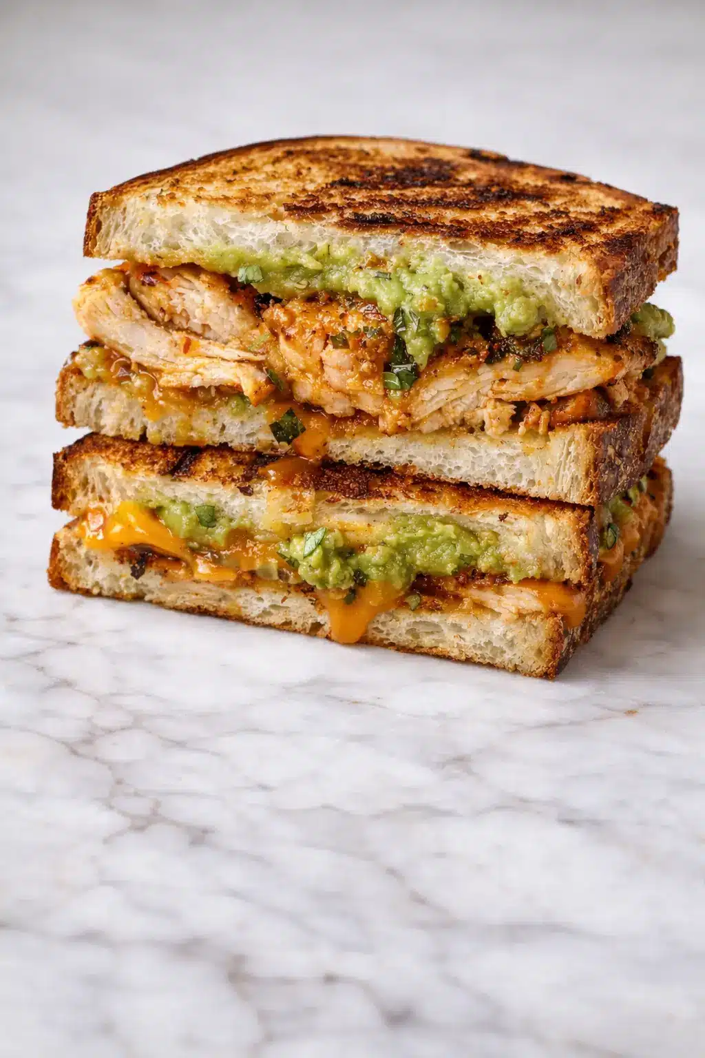 Chicken Avocado Melt Sandwich Vertical chicken avocado melt sandwich with grilled chicken, melted cheddar cheese, and creamy avocado on toasted bread