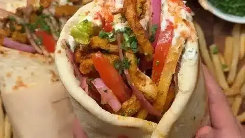 Chicken Shawarma Wrap filled with spiced chicken, vegetables, and sauce in warm flatbread